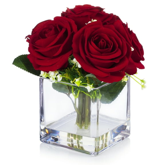 Enova Home Artificial Flowers Velvet Roses Fake Silk Flowers Arrangement in Cube Glass Vase with Faux Water for Home Office Wedding Decoration (Red)
