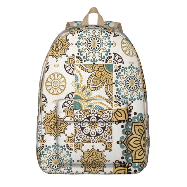 Vintage Ink Style Tribal Backpack – Floral Sketch Inspired Canvas School Daypack with Artistic Bohemian Design