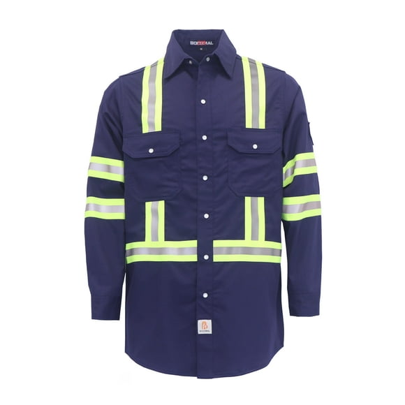 BOCOMAL FR Camisas Camisa de alta visibilidad/alta visibilidad resistente al fuego/retardante de fuego Camisas FR azul marino de 7.5 oz para hombres