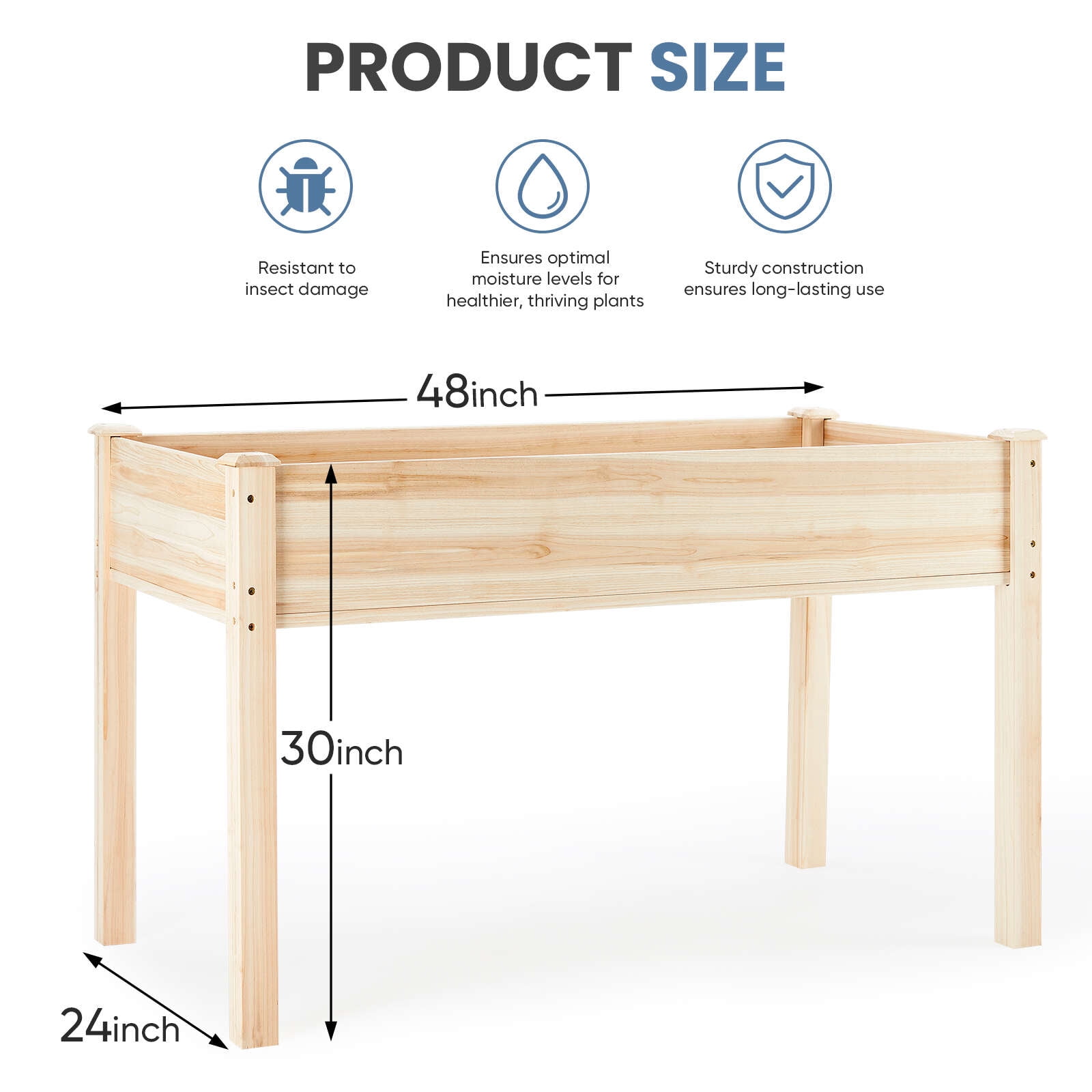 Gianna Raised Garden Bed with Legs, 48x24x30in Wood Bed Liner for Herbs Flowers Vegetables