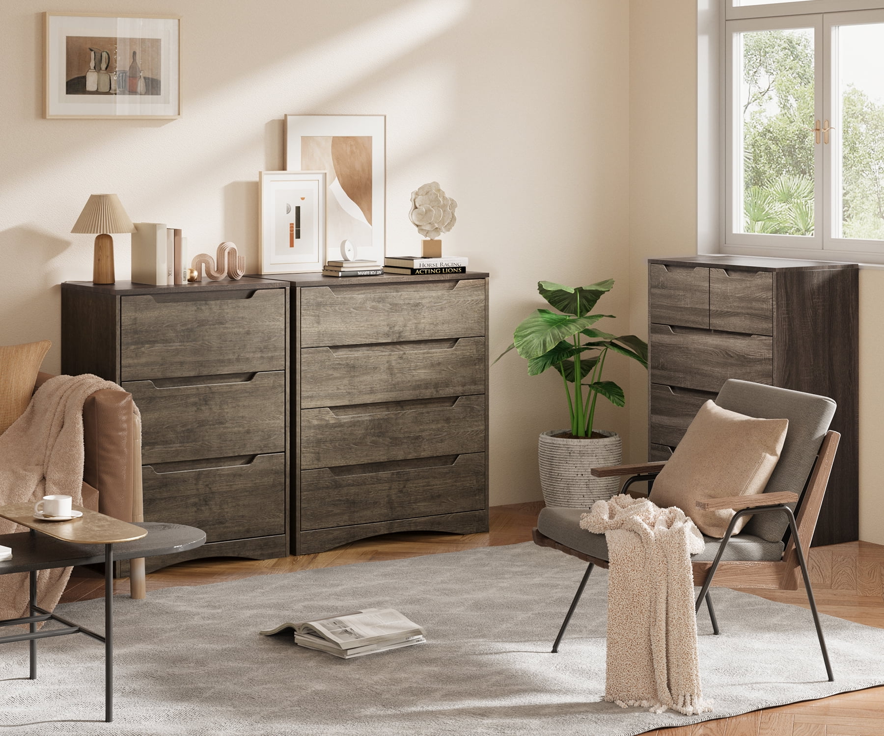 Aiho Dresser with 4 Drawers, Wood Tall Chest, Built-in Handle Drawers for Bedroom, Home, Living Room - Dark Grey