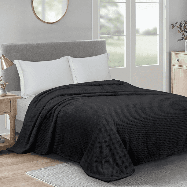 Cobija, Cobija Suave de Jacquard de 260GSM para Cama, Cobija de Tejido Waffle Tamaño King para Decoración, Mantas Ligeras y Cálidas para Oficina, Recámara, Sofá, Oficina, Viaje, Negro