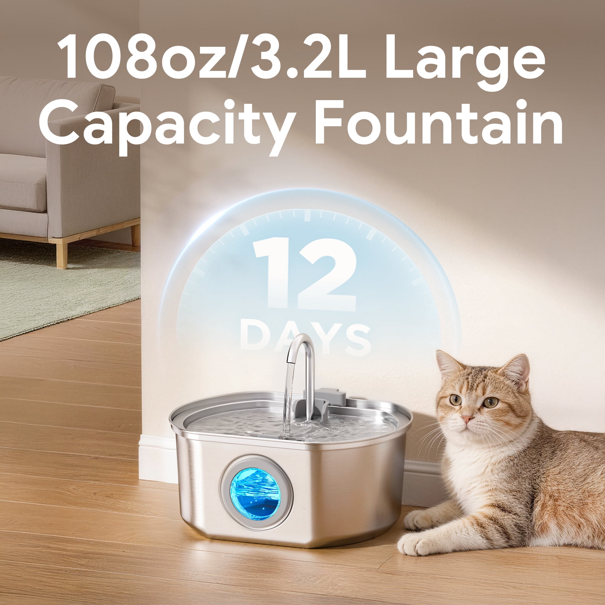 Neareal Cat Water Fountain Stainless Steel 108oz/3.2L Cat Fountain for Drinking- Pet Water Fountain Inside - Automatic Dog Watering Dispenser- Pet Feeding & Watering Supplies Water Level Window