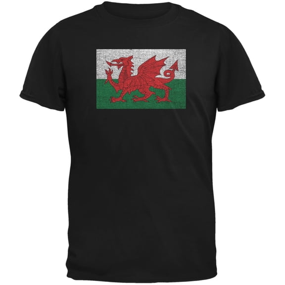 Welsh Flag Distressed Black Adult T-Shirt - Small