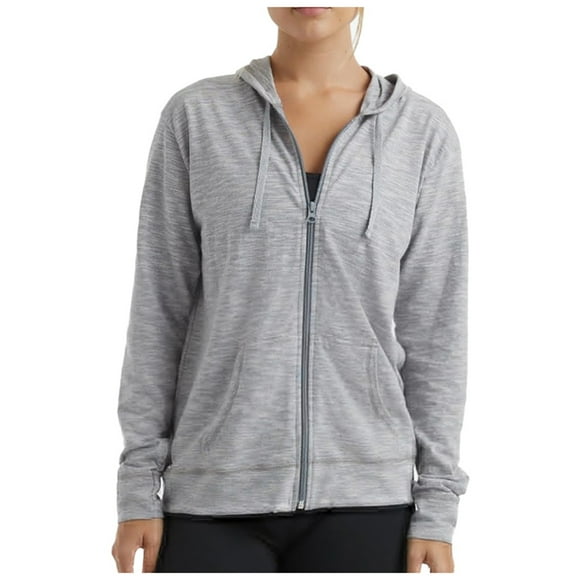 LUOGENLI Knitted Full Zip Hoodie with Slit Pockets Classic Hoodie Style Sporty Lightweight Hoodies for Women Zip up Grey Size L