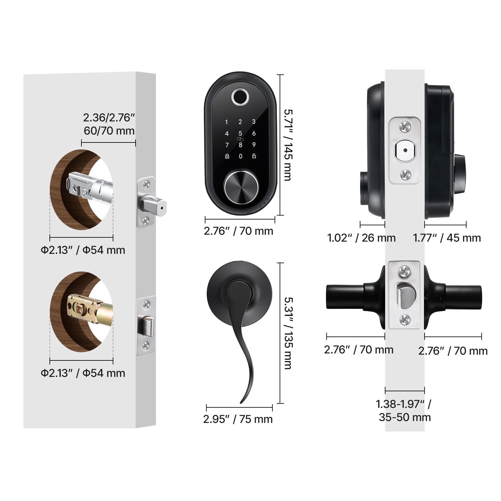 Fingerprint Door Lock Set with Handles Touchscreen 50 Fingerprints 100 User Codes IC Cards for Home Matte Black
