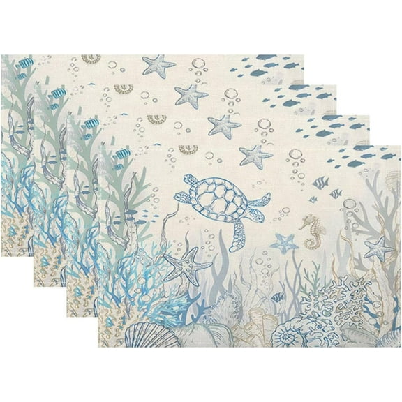 Nautical Coastal Placemats 12x18 Inch Set of 4, Turtle Coral Starfish Seashell Ocean Themed Table Place Mat Beach Coastal Washable Table Mats Decorative Linen Fabric Table Mat for Dining Table