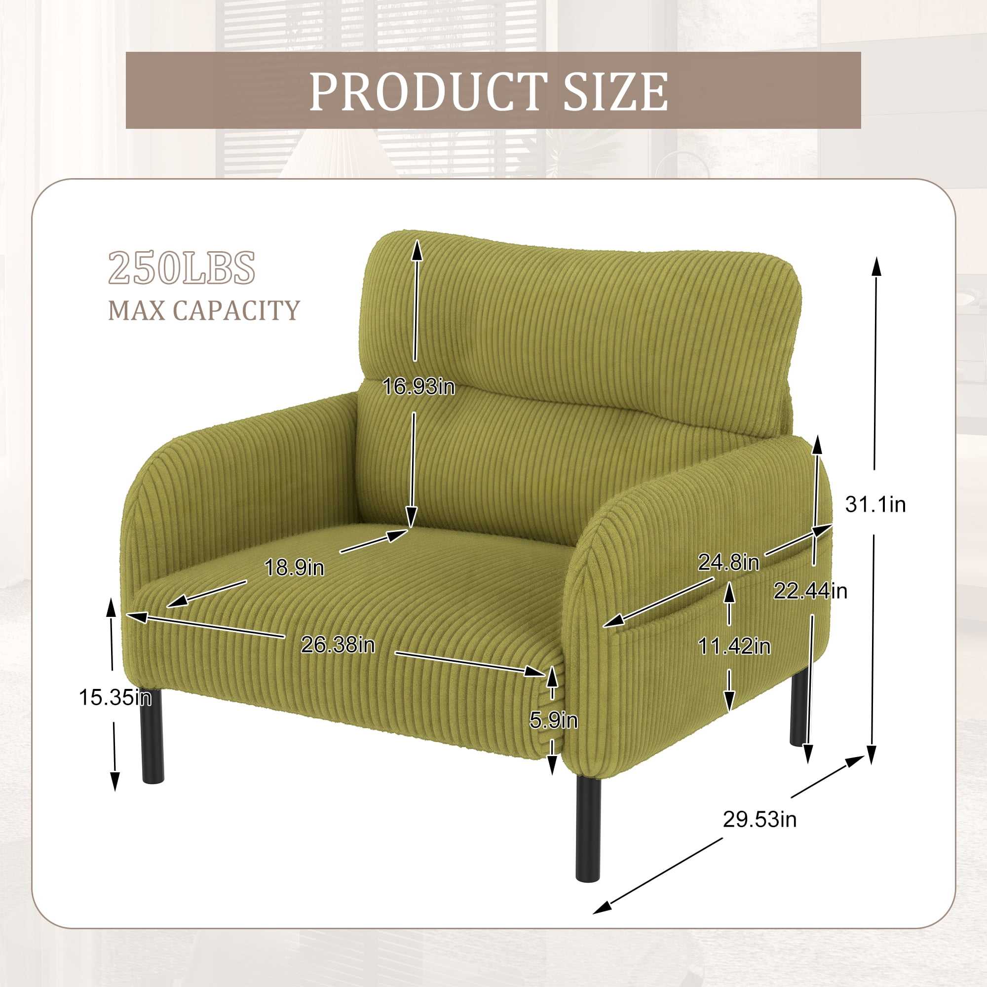 MOONMISS Corduroy Upholstered Comfortable Single Wood Frame Armchair for Living room and Bedroom-Olive Green