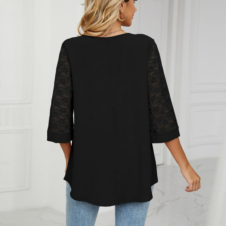 Bigersell Sleep Shirts for Women V-Neck Solid Color 3/4 Sleeve Lace Flare  Sleeve Panel Short Sleeve Tops Big & Tall Button-Down Scoop Neck Short  Sleeve Tunic Tops Style B25227, Black XXL 