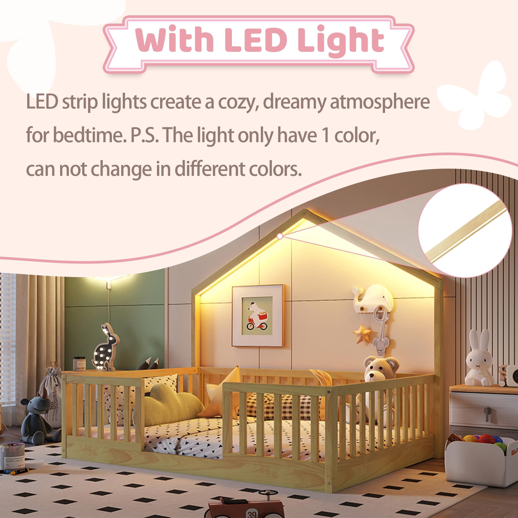 Full Size Montessori Floor Bed with High Rails, Wood House Beds Frame with LED Light, Low Profile Montessori Bed Full with Slats for Kids, Easy to Assembly, Full bed frames Natural