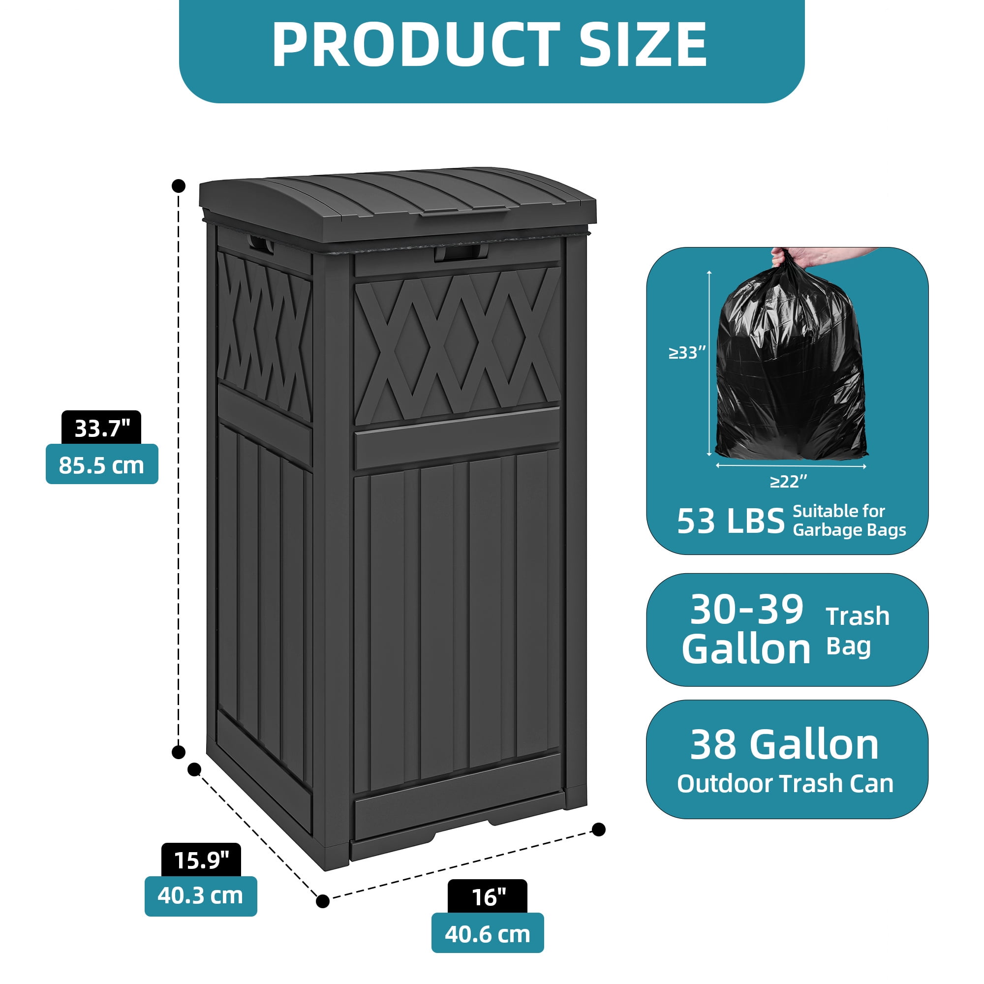 Uforic 32 Gallon Outdoor Trash Can, Waterproof Resin Garbage Bin with Lid & Drip Tray for Porch Backyard Patio, Black