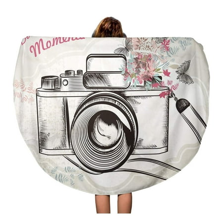 LADDKA 60 inch Round Beach Towel Blanket Watercolor Vintage Camera Flowers and Butterflies Save Best Moments Travel Circle Circular Towels Mat Tapestry Beach (Best Cycle Helmet Camera)