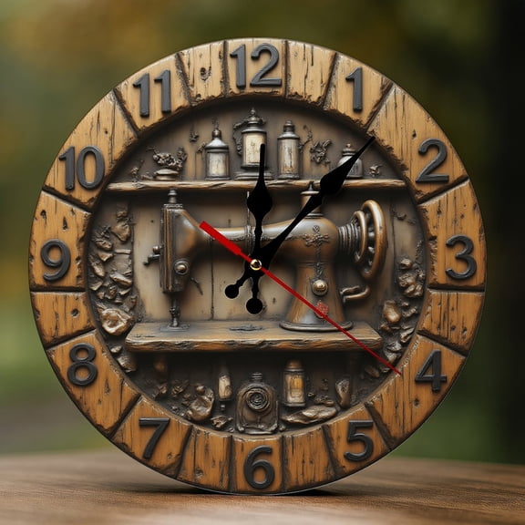 Wall Clock Decorative - Vintage Sewing Machine A Print 2D Vintage Wall Clocks Battery Operated Silent Non-Ticking for Bedroom, Living Room, Kitchen, Office, Classroom, 10 Inch