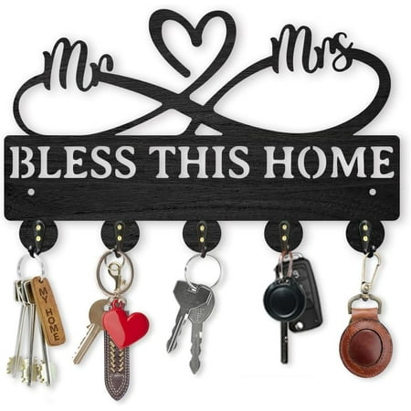 

Mr Mrs Coat Rack Wall Mount 11.8×7.3inch Wood Family Key Holder for Wall Bless This Home Love Heart Key Hanger 5 Alloy Hooks Wall Key Hooks Rack Art Decor Gift for Living Room Door Hallway