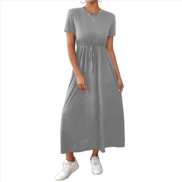 Vestido Informal de Corta para Mujer, con Bolsillos, Gris, Talla XXL