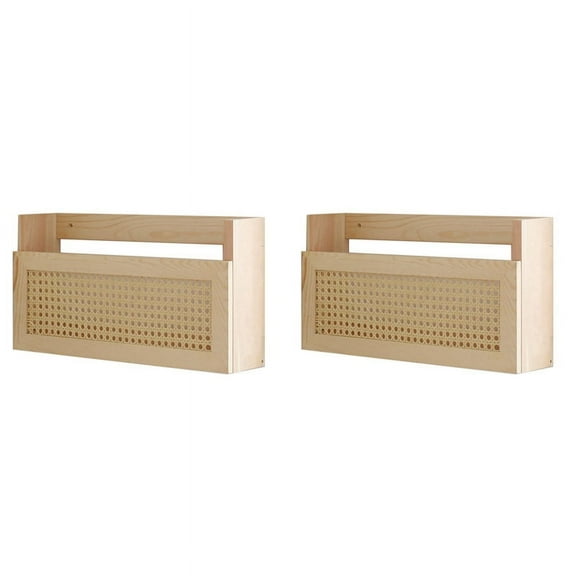 2X Wooden Magazine Wall Rack with Rattan File Holder Hanging File Rattan Bookcase Mail Organizer for Living Office
