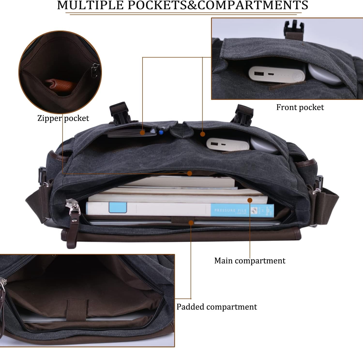 Vintage Canvas 15.6 inch Laptop Messenger Bag for Men Women, College Computer Satchel Shoulder Bag Travel Office Briefcases