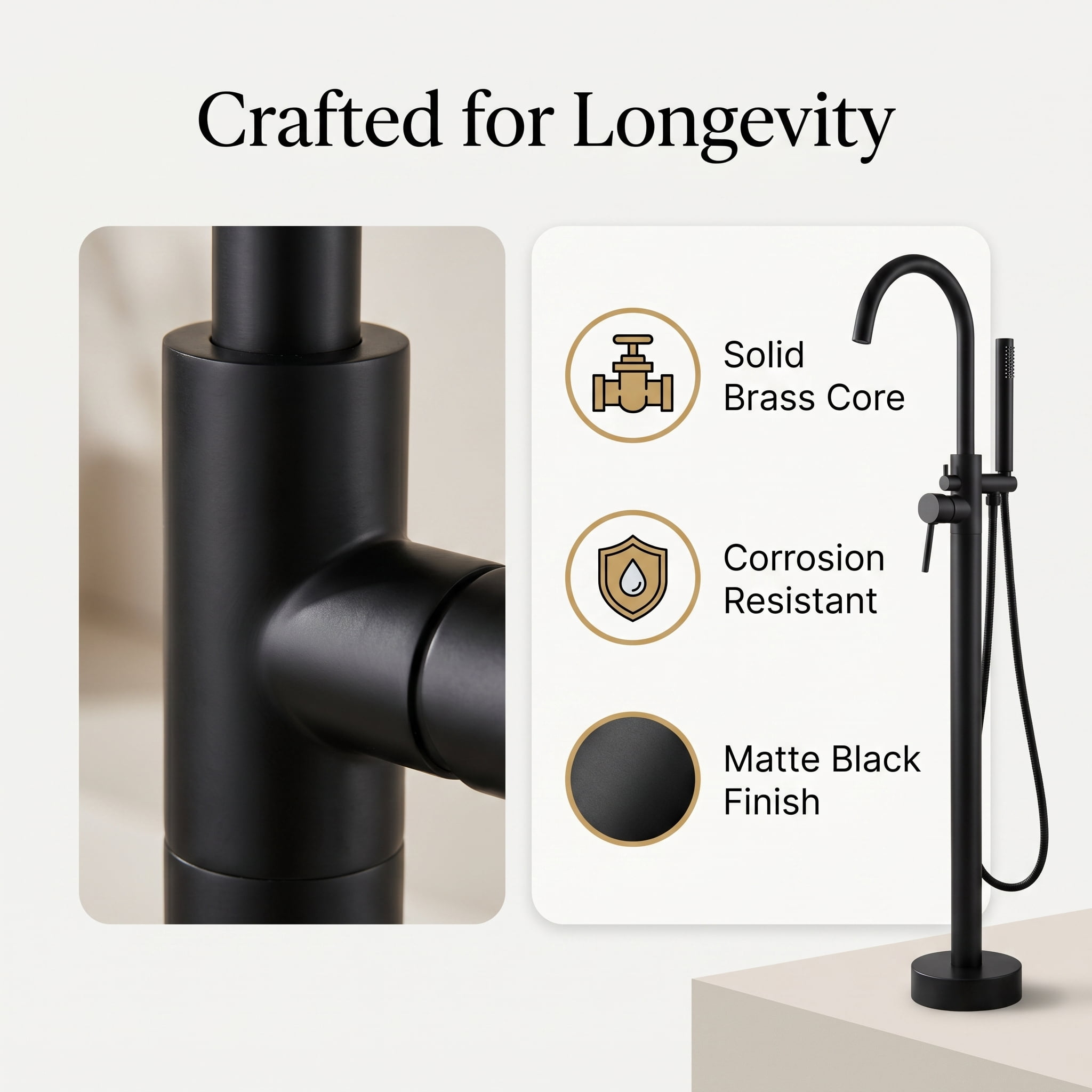 ROOMISLAND Floor Mount Bathtub Faucet Freestanding Tub Filler Standing High Flow Shower Faucets Shower Mixer Taps, with Handheld Shower, Matte Black
