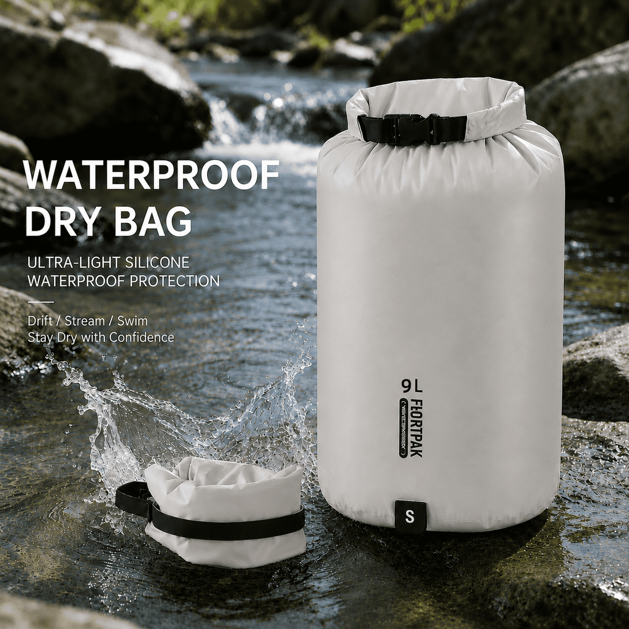 Lightweight Waterproof Dry Bag 9L, Roll Top Dry Sack with 15D Nylon Fabric for Kayaking, Hiking, Camping, Backpacking, Travel and Outdoor Storage