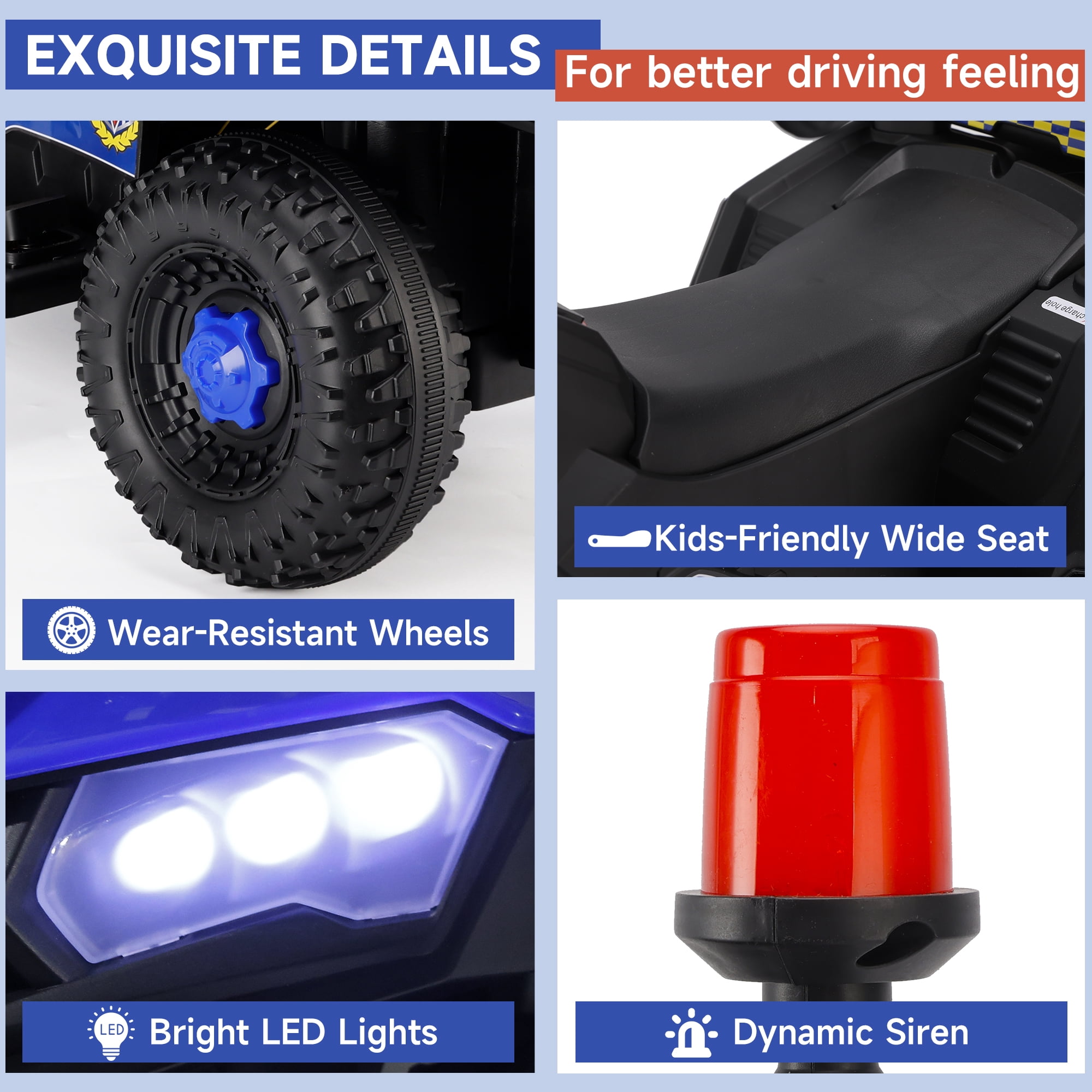 Bruce&Shark Police Car Ride on, Electric ATV Four Wheeler for Kids, Powered Ride on ATV Toys, Cop Cars with Siren, Flashing Lights, Blue