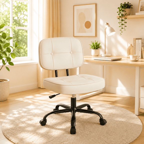 Armless Office Desk Chair, Small Vanity Chair with Lumbar Support | PU Leather, 360° Rolling Swivel, Height Adjustable, Fit Computer Task, Bedroom Living Room