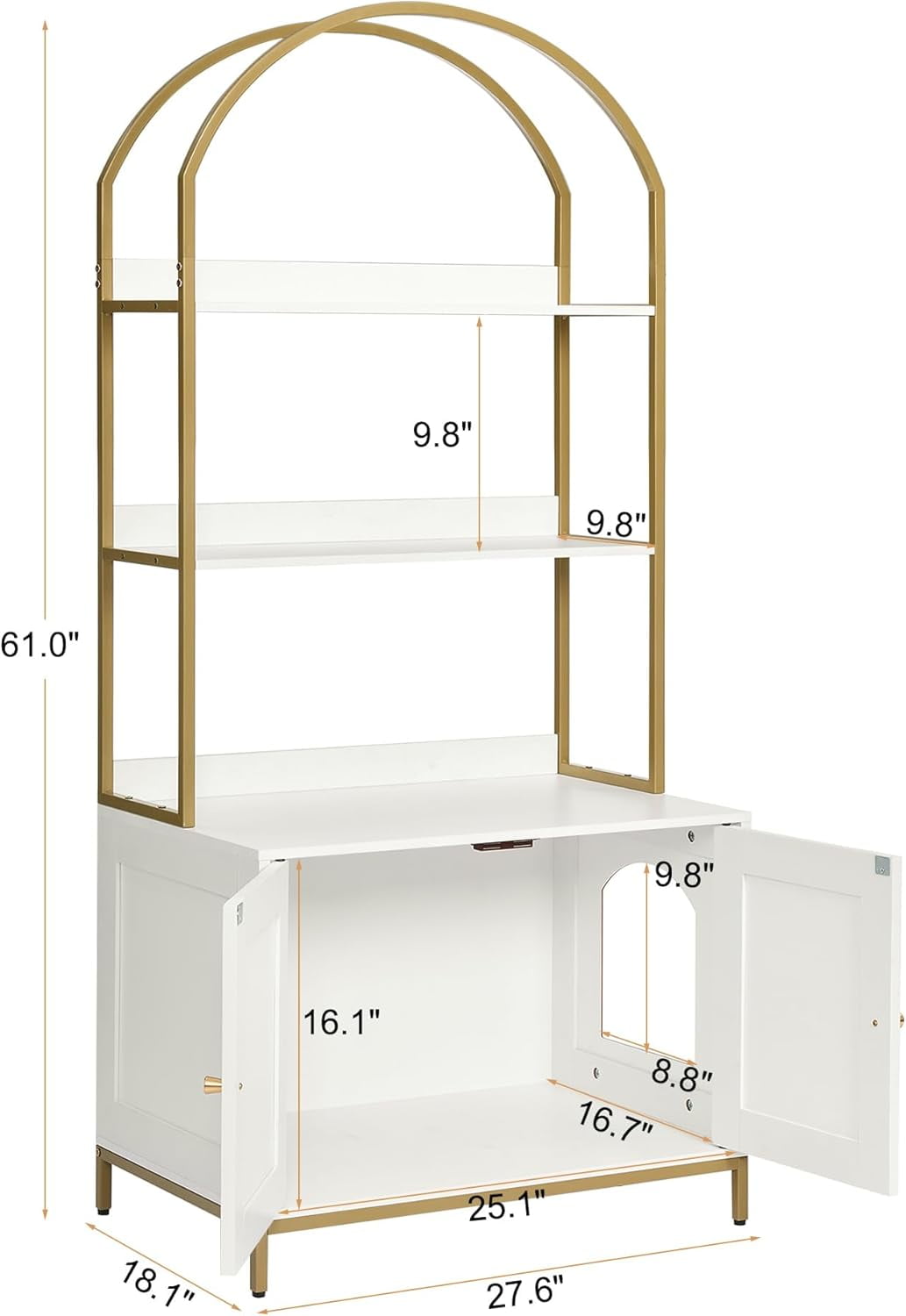 Cat litter box, cat litter box furniture with double-layer storage shelves, wooden cat restroom furniture with metal frame, modern style, white and gold