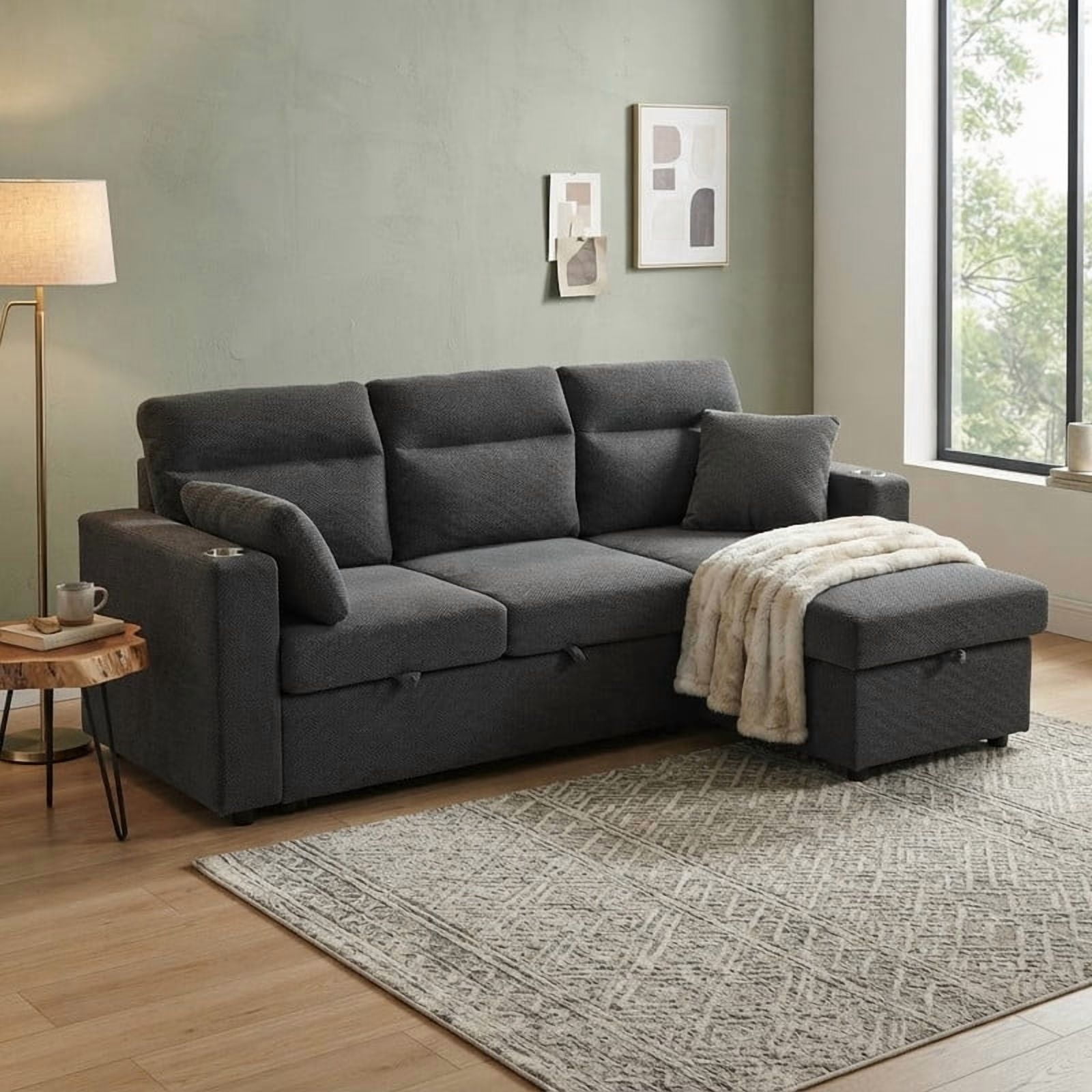 82.5" L-Shaped Convertible Sleeper Sofa, Pull-Out Sectional Sofa Bed with Storage Chaise, Cup Holders & 2 Lumbar Pillows, Modern Sofa Couch for Living Room, Apartment