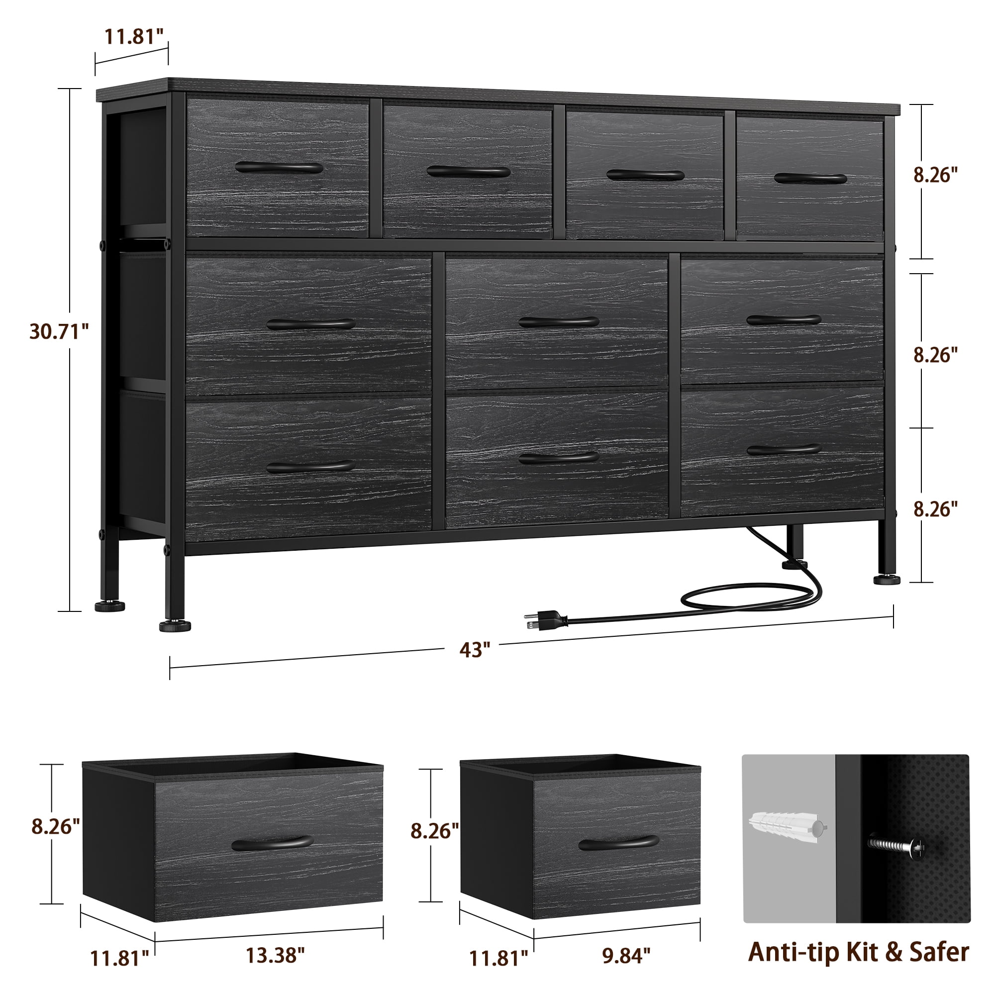 GIKPAL 10 Drawers Dresser, 43" TV Stand with Power Outlet, Bedroom Dresser for TV up to 50", Black