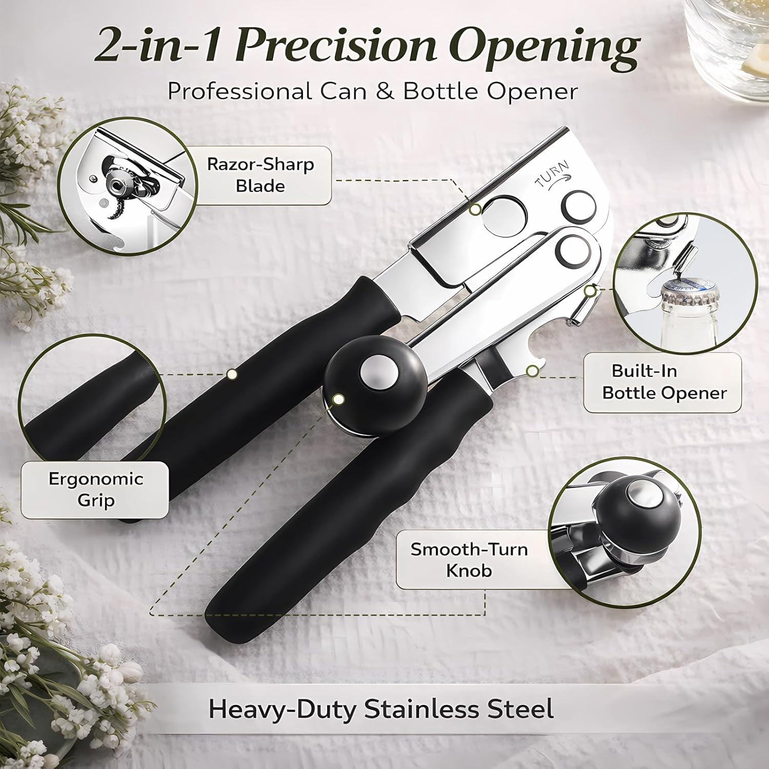 Heavy Duty Manual Can Opener for Seniors & Adults with Magnetic Lid Lifter - Easy Open Smooth Edge Safe Cut, Stainless Steel Large Cans, Kitchen Camping Commercial Bottle