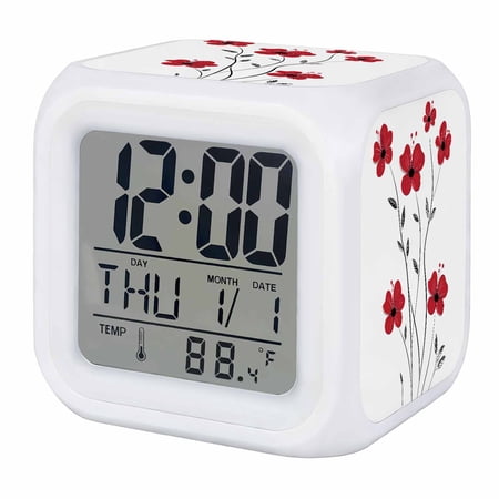 Red Floral Spring Digital Alarm Clock for Bedrooms, Smart LED Alarm Clock with 7 Color Changing Night Light, Summer Botanical Pastoral Elegant Silent Wake Up Clocks for Sleep Study Cooking 3.2x3.2
