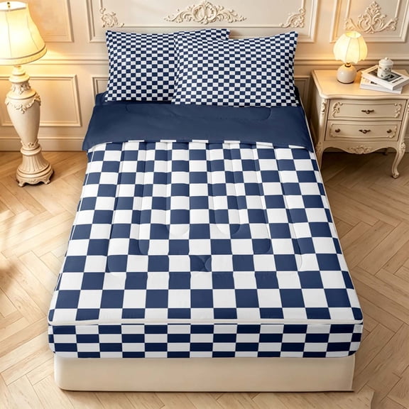 Manfei Contemporary Grid Zipper Twin Comforter Sets with Fitted Sheet and 2 Pillowcases,Checkered Art Zipper Bedding Set,Navy White,Navy Blue Reversible,4pcs