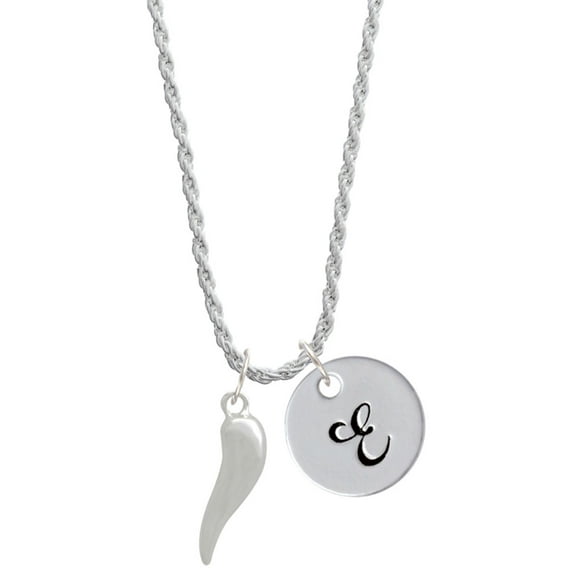 Delight Jewelry Good Luck Italian Horn Silvertone Script Initial Disc - E - Charm Necklace, 20"+3"