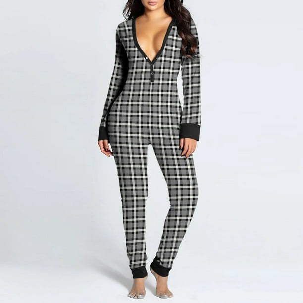 Women Christmas Onesies With Butt Flap For Adults Sexy Plaid Sleepwear Romper Women s Open Butt Pajamas Xmas Pyjama Long Nightie Walmart en linea