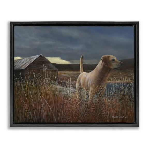 Stupell Industries Alert Dog by Cabin Landscape & Nature Painting Black Floater Framed Canvas Art Print Wall Art, 21 x 17