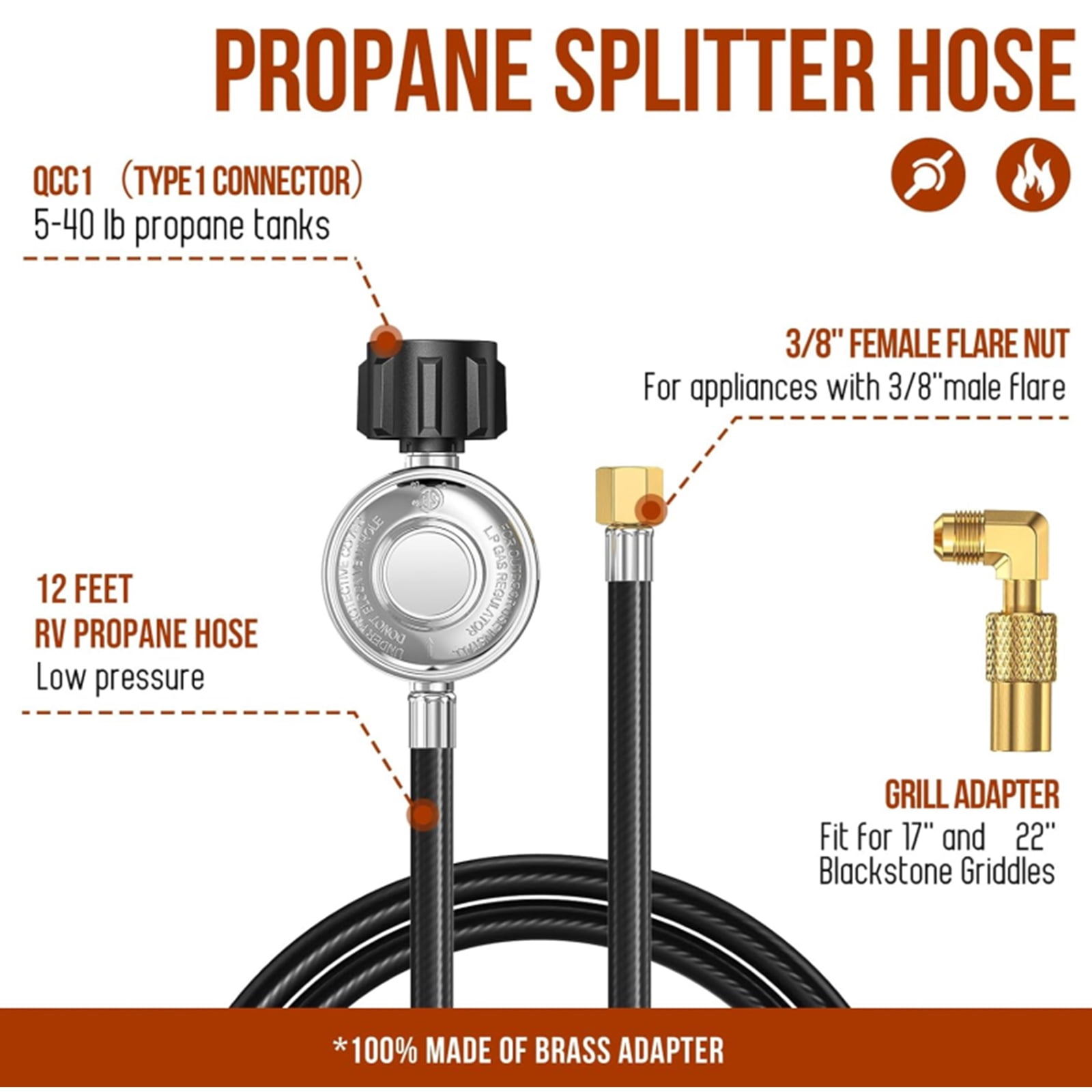 PatioGem 12FT Propane Adapter Hose with Regulator, QCC1 Gas Grill Regulator and Hose with Elbow Adapter for 17" and 22" Blackstone Tabletop Griddle and Most LP Gas Grill with 3/8'' Connect Fitting