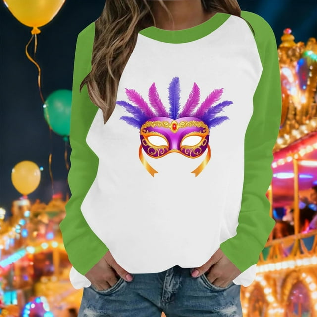 Xuyuer Mardi Gras Shirts for Women Shirt Funny Mask Graphic Tee Carnival Long Sleeve Shirt V Neck Top