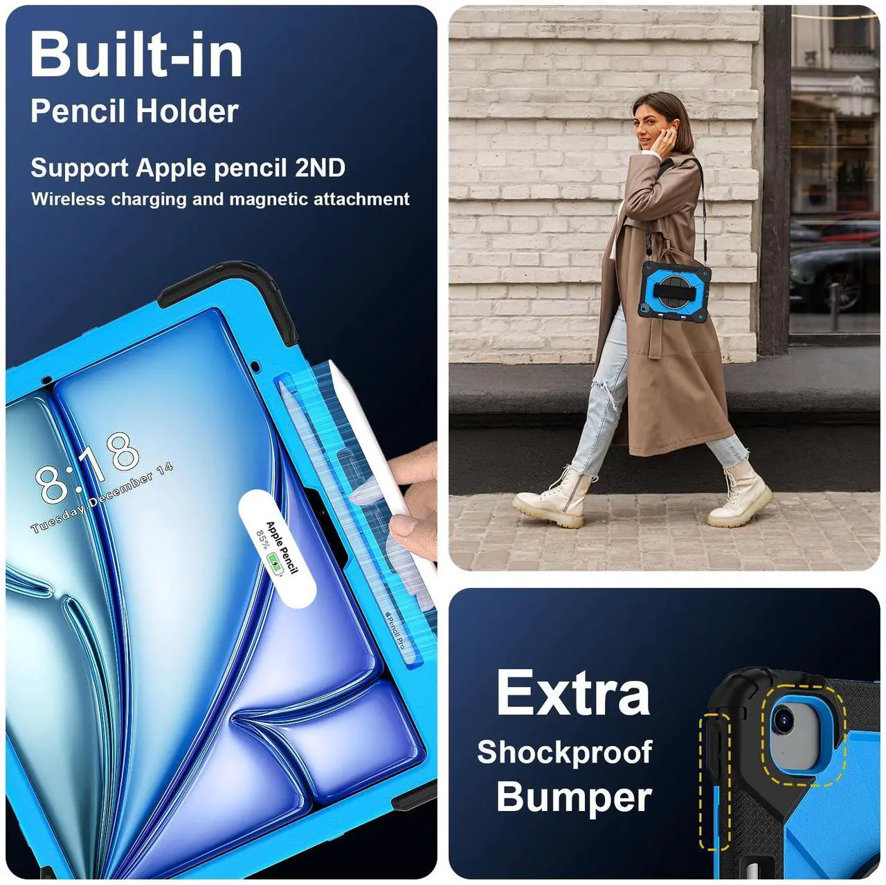Case for iPad Air 13 Inch M3/M2 2025/2024 with Rotating Stand Pencil Holder Hand/Shoulder Strap, Heavy Duty Shockproof Protective Cover