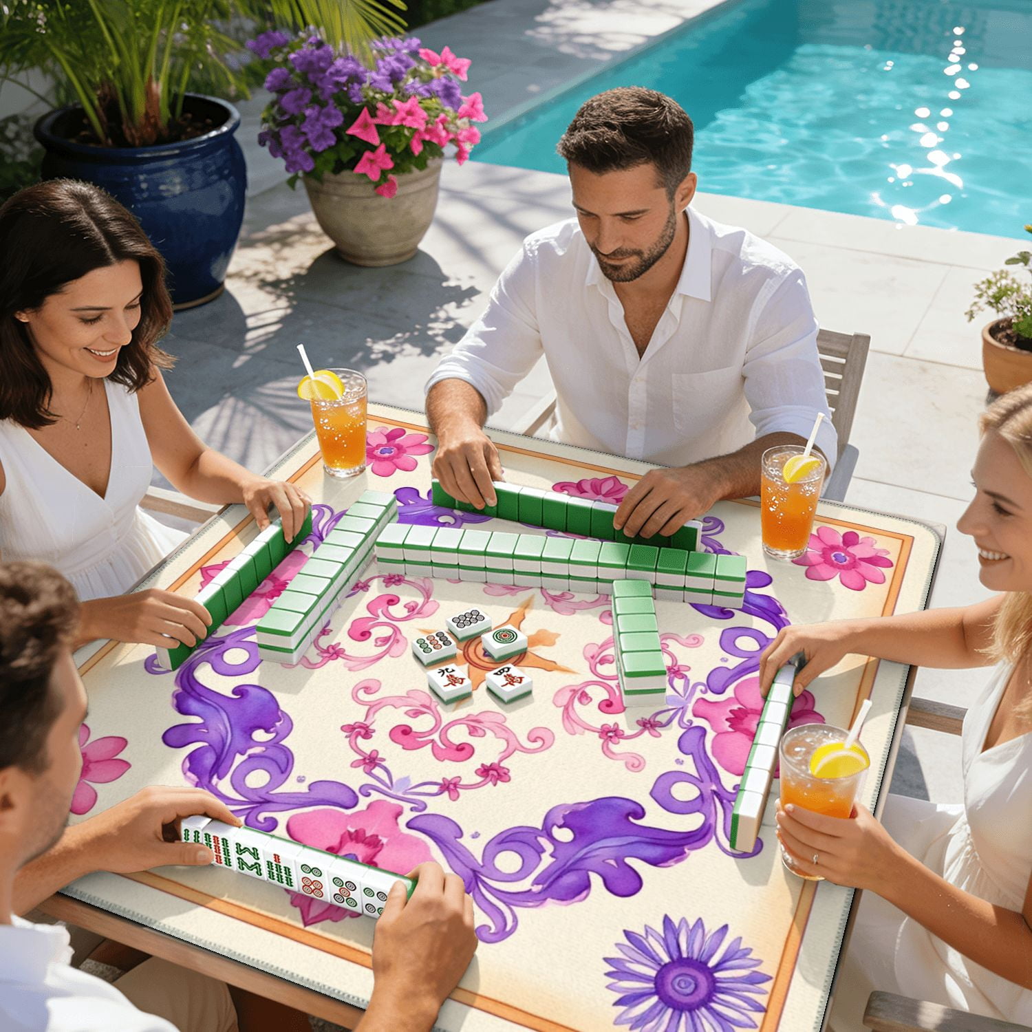 Mahjong Mat 31.5" x 31.5" Floral Mandala Purple Pink Ornaments Beige Non-Slip Noise Reduction American Mahjong Tiles Table Cover for Dominoes Poker Card Board Games Gift