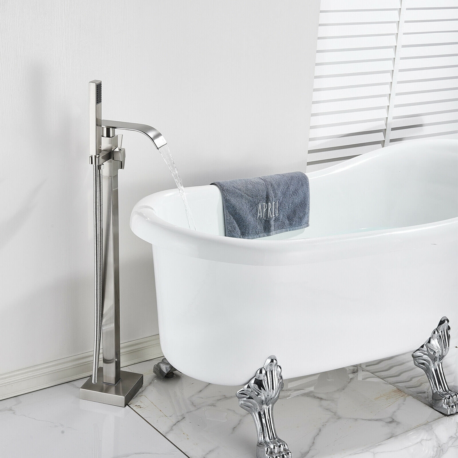 Free standing Bathtub Faucet Brushed Nickel Floor Mount Tub Filler Mixer Shower