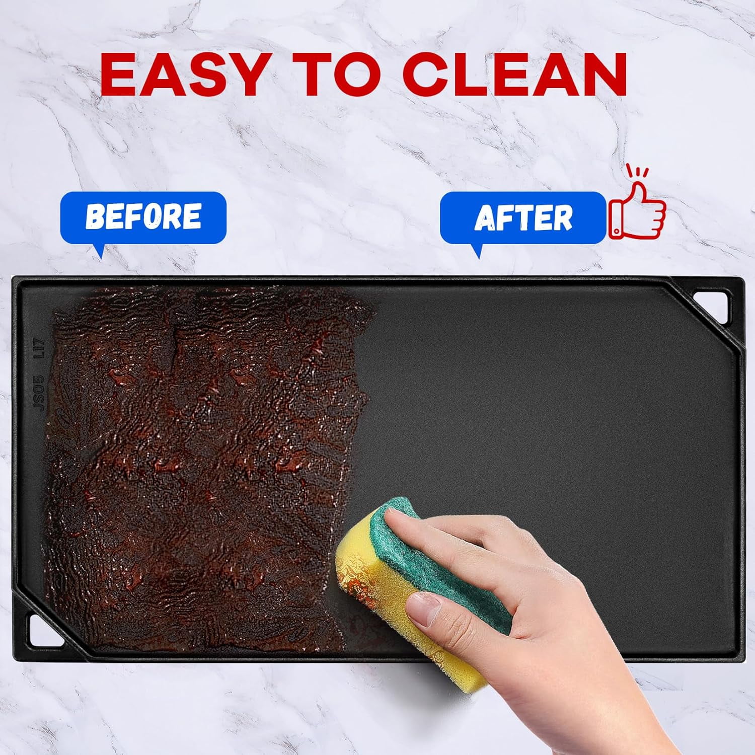 Double-Sided Cast Iron Griddle for Stove, Grill & Outdoor Cooking, 16.5 x 9.5 Inches