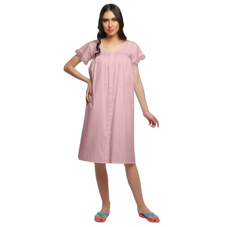 

Moomaya Cotton Poplin Lace Border Sleepwear Women Solid Short Sleeve Nightdress