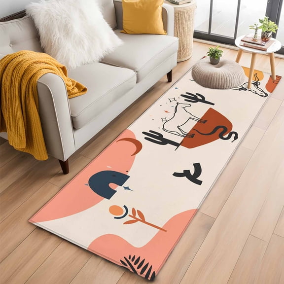 Western Boho 2'x6' Runner Rugs for Hallway Kitchen Bedside Non Slip Washable, Modern Abstract Horse Cactus Plant Offwhite Entryway Rug Runners with Rubber Backing, Long Carpet Runner for Laundry Room