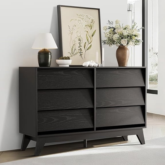 6-Drawer Dresser for Bedroom, 47.2" Wide Mid Century Chest of Drawers, Wooden Dresser TV Stand, Vintage Dressers with Bevel Design for Bedroom, Living Room, Hallway, Black