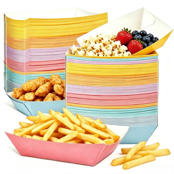 100 Pcs 1Lb Colorful Paper Food Trays Disposable Trays Hot Dog Serving Boats Colored Grease Resistant Paperboard Pastel Ice Cream Party Supplies for Summer Snack French Fries BBQ Picnic