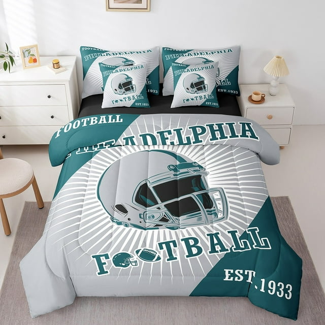 Erosebridal Ensemble de Literie Sport de Rugby Taille Simple, Ensemble de Lit Jeux de Ballon, Literie Gris Vert Taille Simple pour Ados, Décoration de Chambre Respirante Réversible, 7 Pcs
