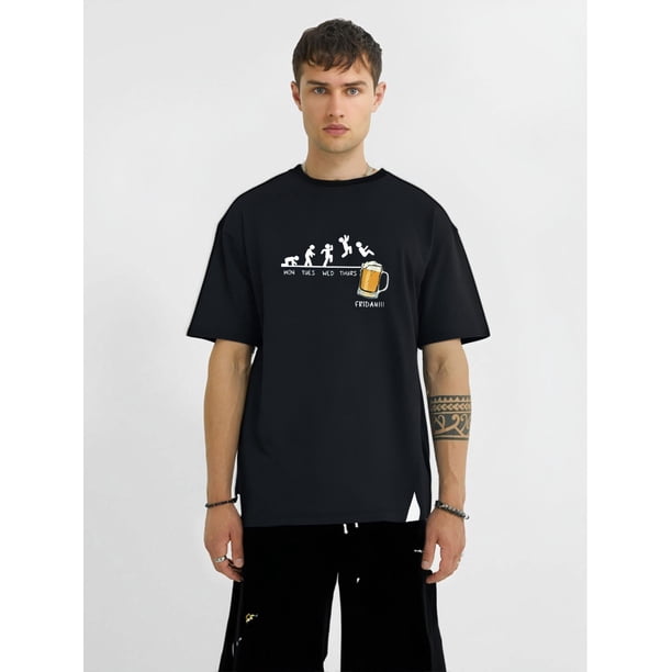 Men'S Casual Crew Neck T-Shirt with Beer Pattern Print, Slight Stretch, Regular Fit, Summer Fashion Top for Daily Wear