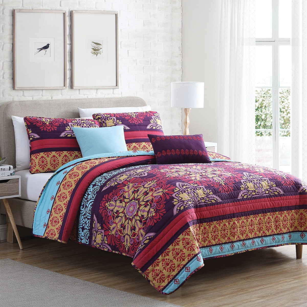 BEAUTIFUL CHIC RED BLUE TEAL PURPLE TROPICAL GLOBAL BOHEMIAN MOROCCAN QUILT SET 