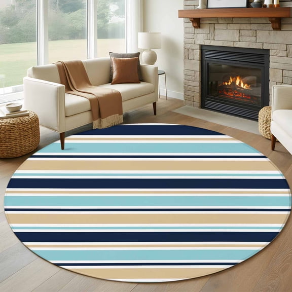 8ft Round Rug, Khaki Striped Non-Skid Rubber Backing Large Area Rugs - Living Room Bedroom Home Office, Navy Blue Farmhouse Stripes Modern Abstract Art Indoor Floor Mat Carpets Washable Rug