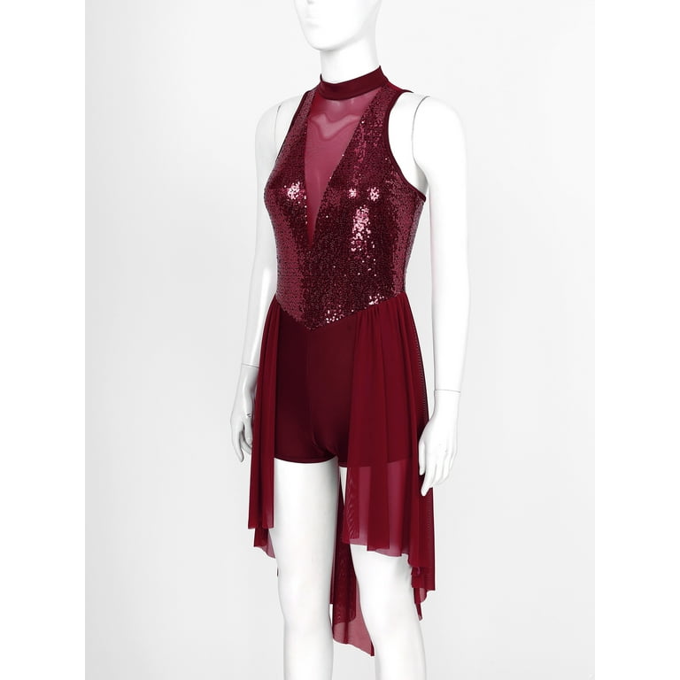 MSemis Women Sequins Lyrical Dance Dress Halter Neck Asymmetrical Skirted  Modern Contemporary Costume Burgundy M