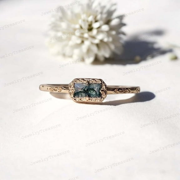 JEWELRYTREASURE 6x4 mm / 0.25 Ct Baguette Cut Moss Agate Band Yellow Gold Promise Ring Solitaire Women Jewelry Art Deco Birthday Gift for Mom